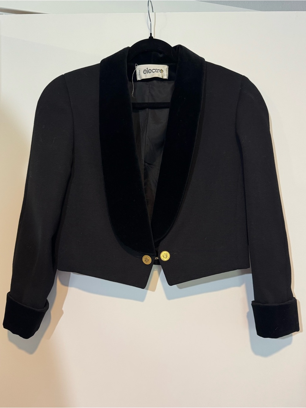 Vintage Electre Paris Black Wool & Velvet Cropped Blazer Jacket France